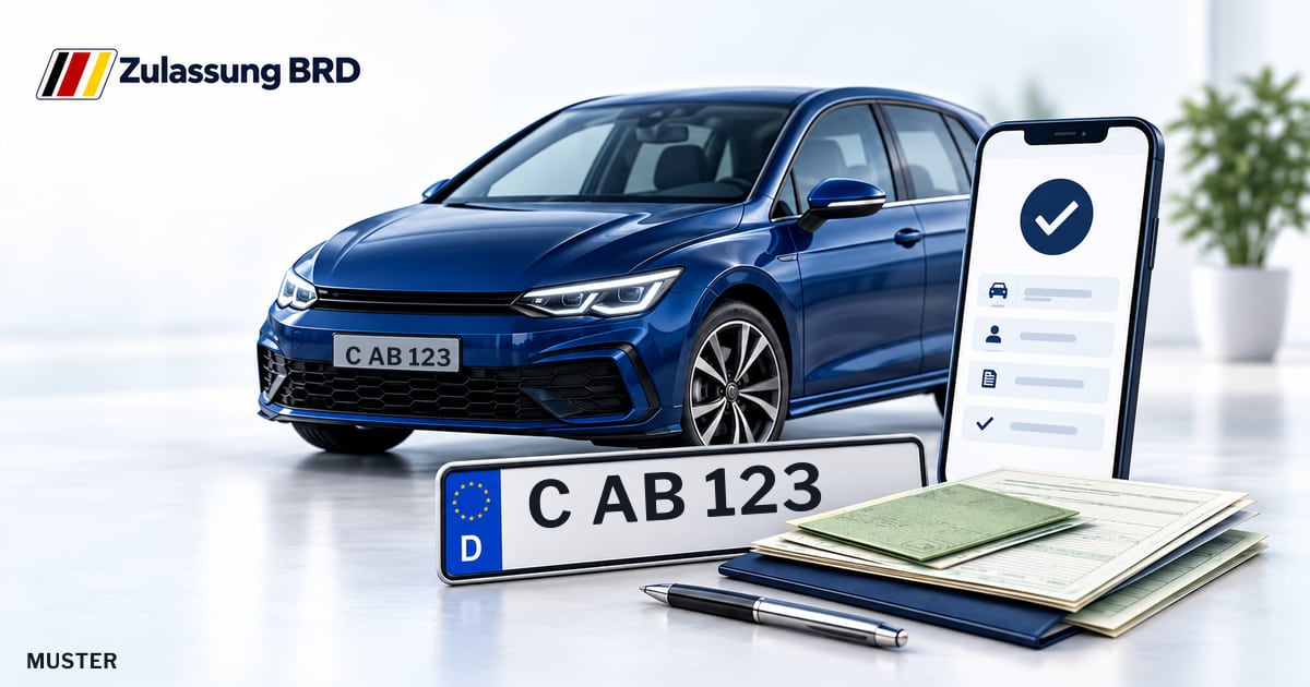 Online Fahrzeugzulassung in Chemnitz: Musterkennzeichen C AB 123, Auto und Fahrzeugpapiere und Smartphone. Illustration mit Logo von Zulassung BRD.